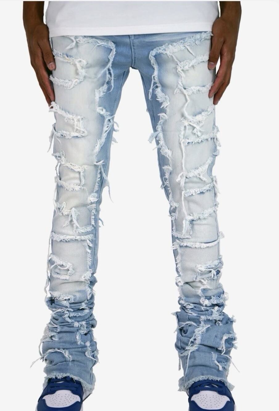 Focus Jeans Sz Uni 29 Blue Distressed Flare Ladder Super Stacked Punk Y2K Pants